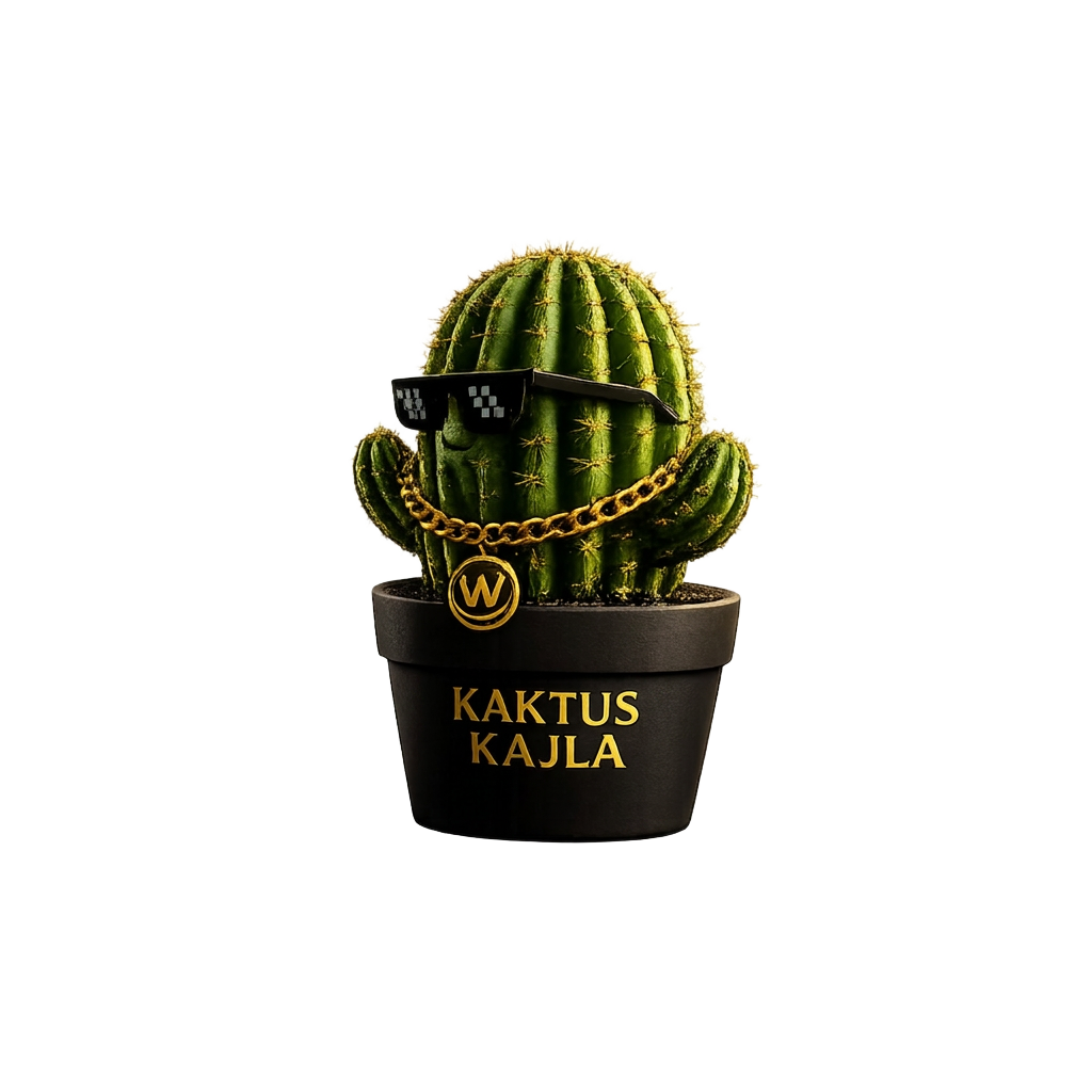 Kaktus Kajla mascot — kaktus s naočalama i zlatnim lancem